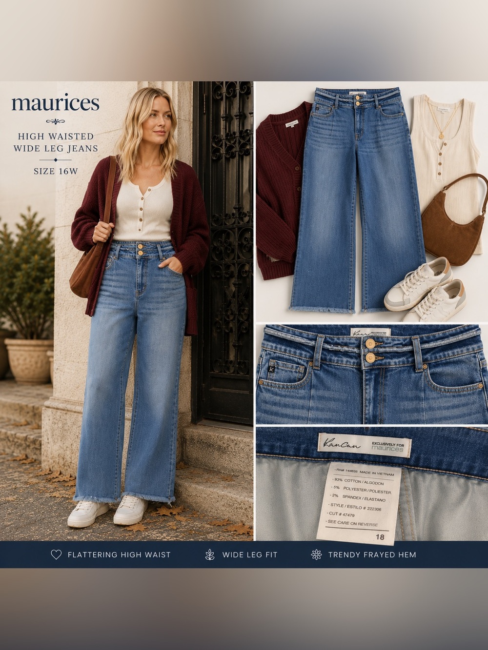 KanCan x Maurices Size 18 High Rise Wide Leg Crop Jeans Double Button Frayed Hem
